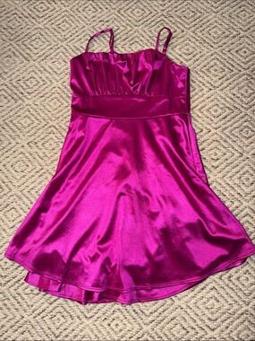 Girls Fuchsia Satin Spaghetti-Strap Formal Dress